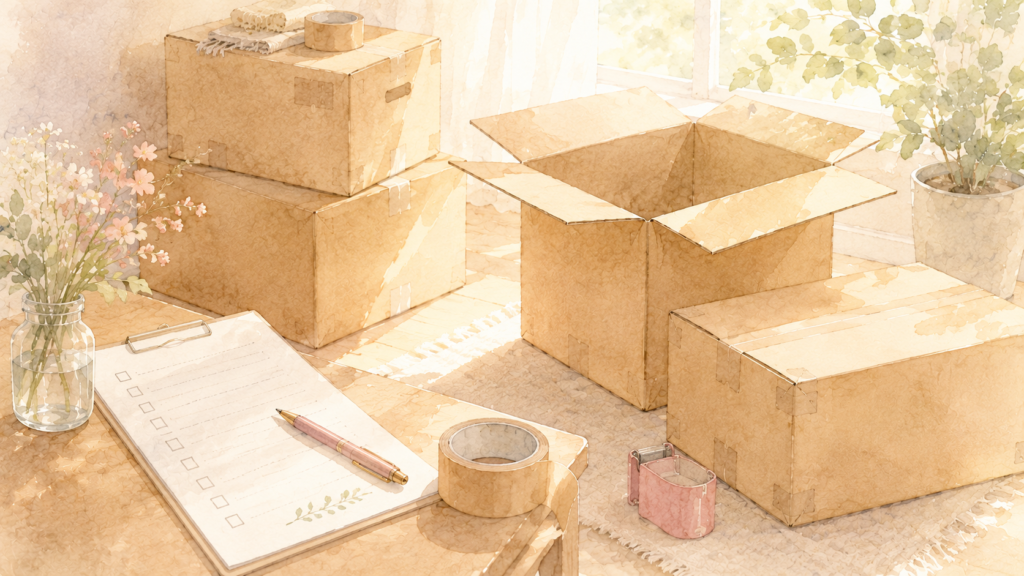 引越し準備のチェックリストと段ボールのイメージ
