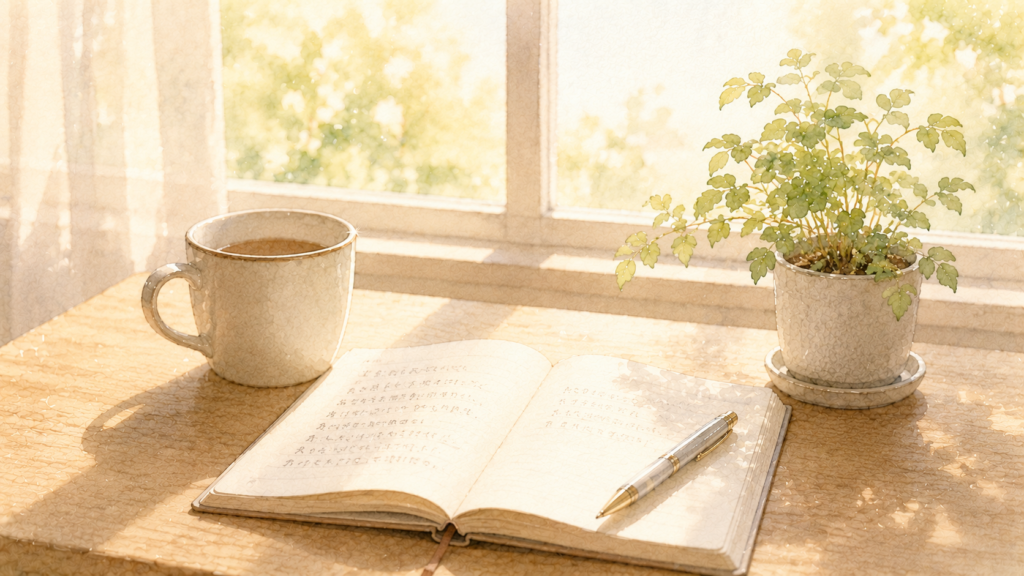 窓辺にコーヒーと観葉植物。ノートを開いて少し休憩の様子。