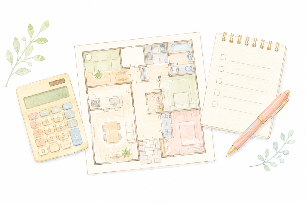 新居の条件と予算を整理するイメージ。間取り図と電卓のイラスト