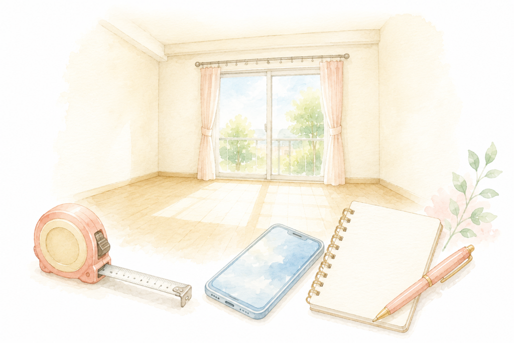 内見の準備のイメージ。明るい空室とメジャーやスマホのイラスト
