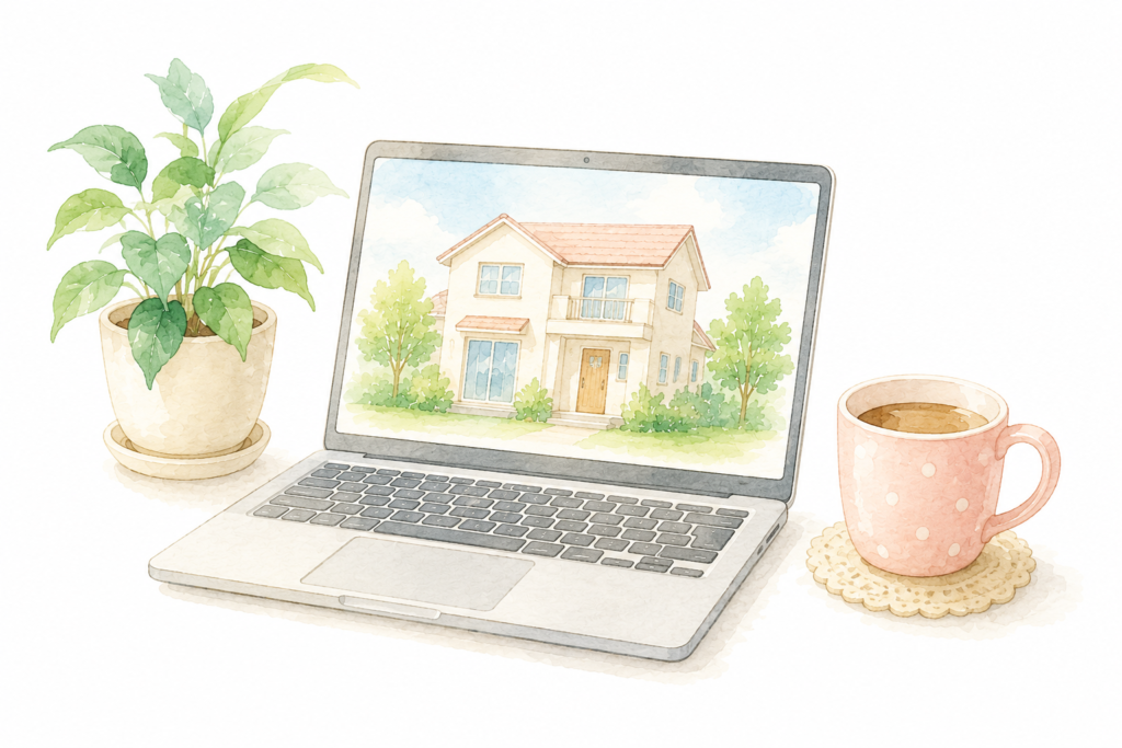 オンラインで物件を探すイメージ。ノートパソコンと観葉植物のイラスト