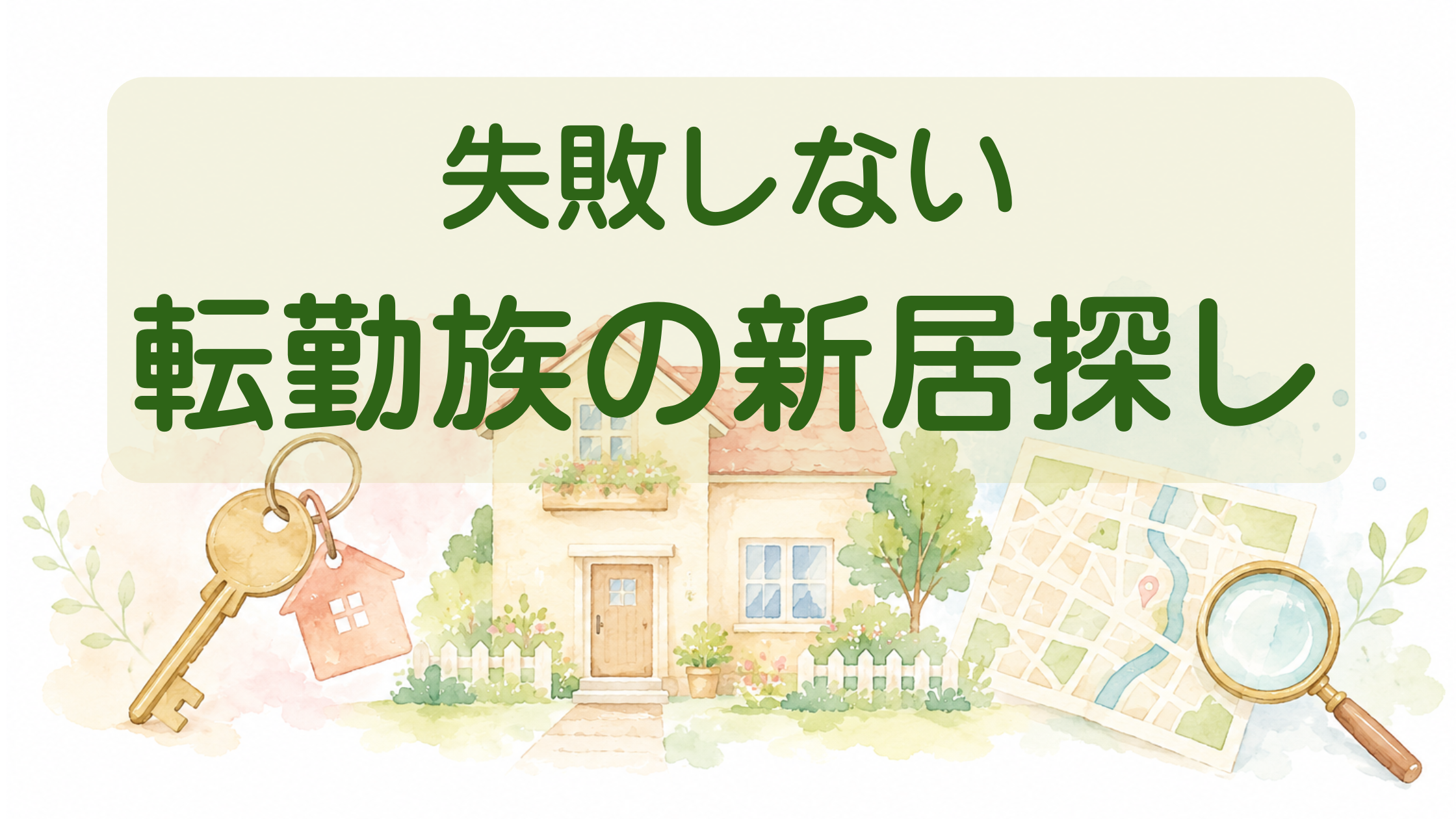 転勤の新居探しのイメージ。家と鍵と地図のイラスト