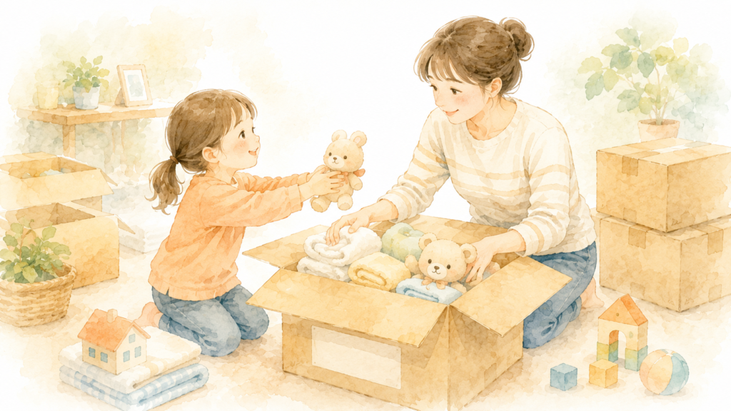 段ボールの隙間にタオルとぬいぐるみを詰める母親と手伝う子どもの水彩イラスト