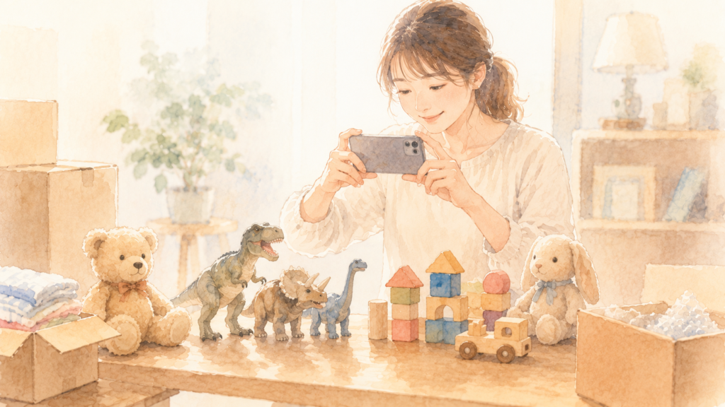 おもちゃを出品するための写真を撮る母親の水彩イラスト