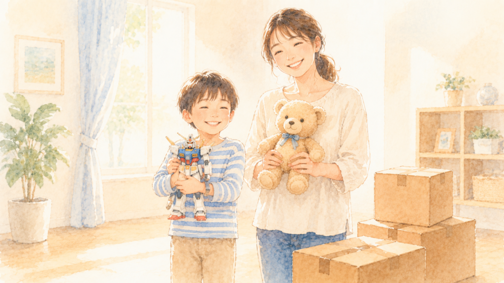 選んだおもちゃを抱えて笑顔で立つ親子の水彩イラスト