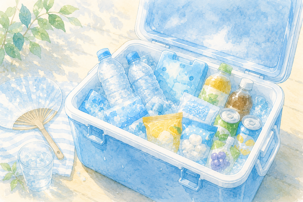 凍らせたペットボトルと保冷剤、冷たい飲み物を入れたクーラーボックスの水彩イラスト