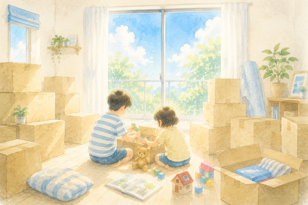 段ボールに囲まれた新居で仲良く遊ぶ兄弟の後ろ姿の水彩イラスト