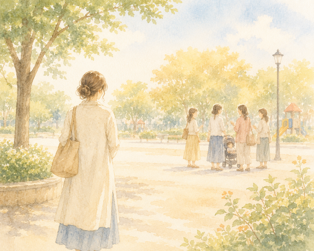 公園で人の輪から少し離れて立つ女性の後ろ姿の水彩イラスト