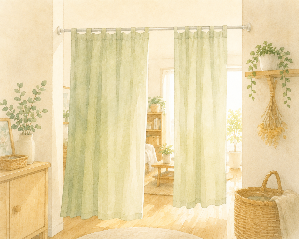 突っ張り棒に掛けたカーテンで部屋を仕切っている水彩イラスト