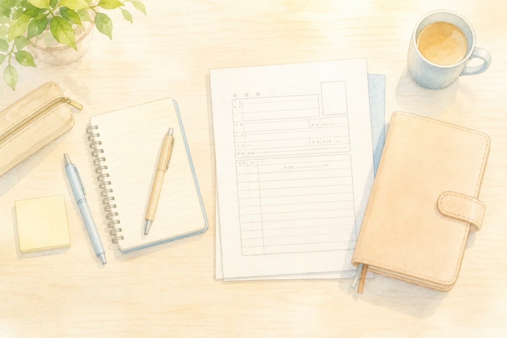筆記用具・メモ帳・書類など仕事探しの持ち物を並べた俯瞰の水彩イラスト