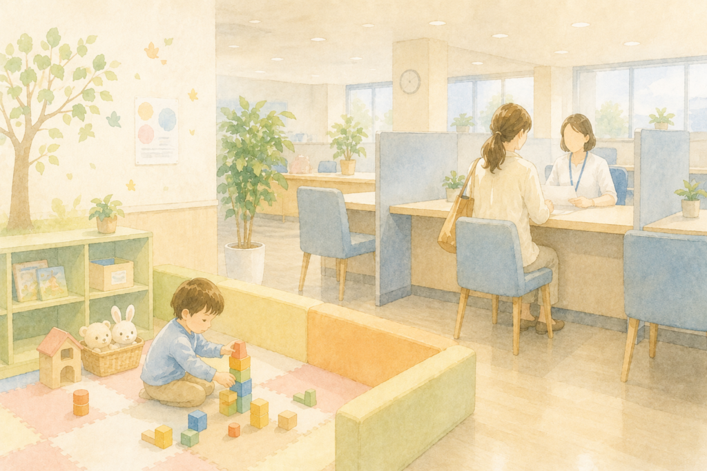 キッズコーナーのそばで相談する母親と遊ぶ子どもの水彩イラスト