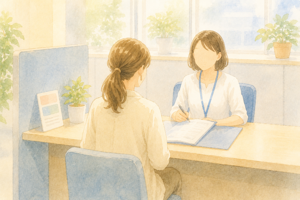 相談窓口で担当者と向かい合う母親の後ろ姿の水彩イラスト