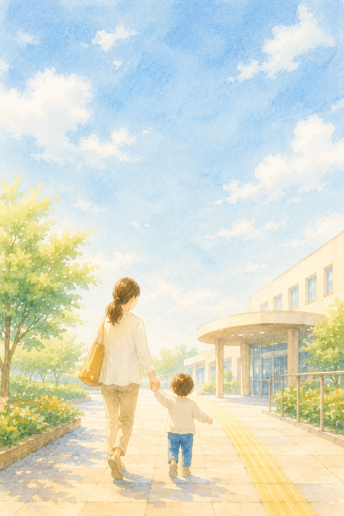 子どもと手をつないで前へ歩き出す母親の後ろ姿の水彩イラスト